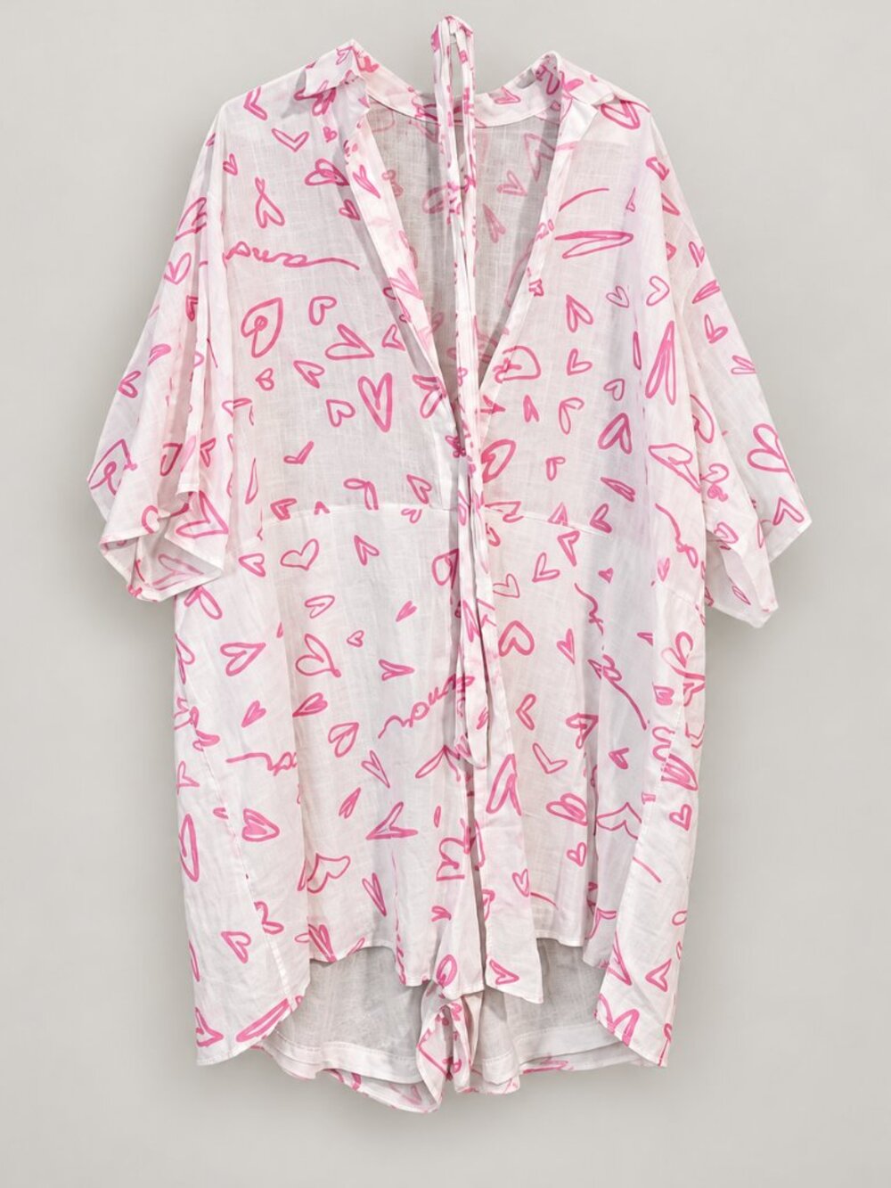 White & Pink Heart Print Lightweight Tie-Waist Cover-Up